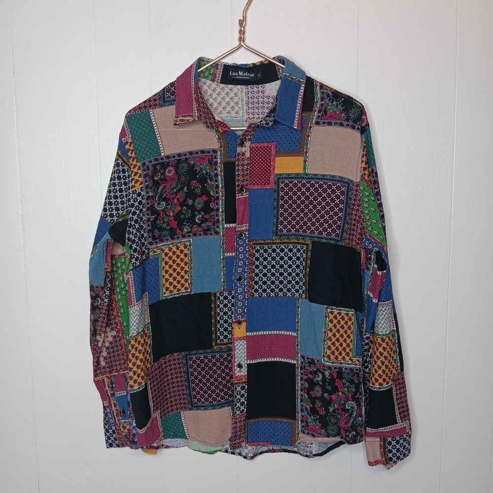 Luc Matton Patchwork Shirt Mens L Multicolor Button Up Long Sleeve Cotton Linen